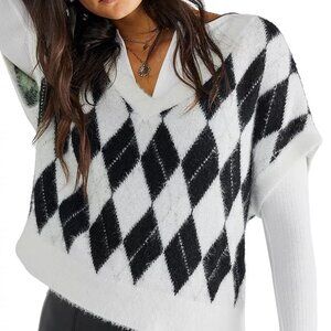 Free People Through the Motions Argyle Short Sleeve Sweater sz S